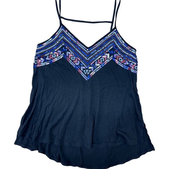 EXPRESS Sequin Aztec Tribal Black V-Cut Spaghetti Strap Boho Tank Top Small - Picture 1 of 5